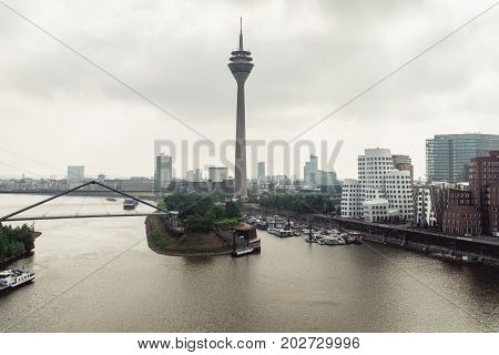 Dusseldorf cityscape skyline at summer 2017, Germany. View from Hyatt regency hotel on media harbor