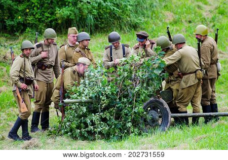 Soldiers with artillery.The VIII International Festival of Military History and remake for the battle `1944` 6.08.2016 in Valga, Estonia