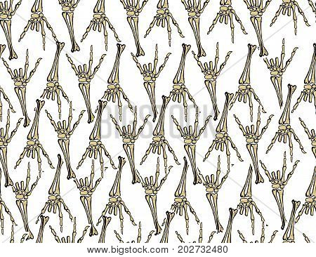 Halloween background. Scary monsters bones skulls and zombie. Cute seamless pattern. Hand drawn illustration.