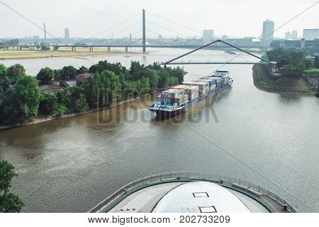Dusseldorf cityscape skyline at summer 2017, Germany. View from Hyatt regency hotel on media harbor