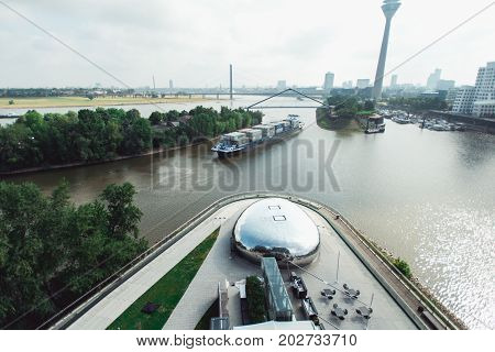 Dusseldorf cityscape skyline at summer 2017, Germany. View from Hyatt regency hotel on media harbor