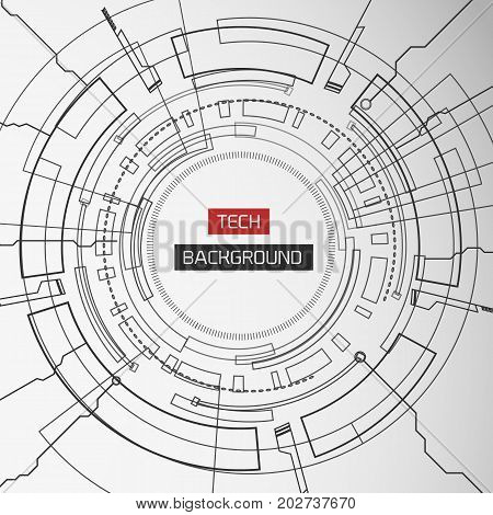 Virtual technology modern background with monochrome outlined circles detailed lines and editable center title vector illustration