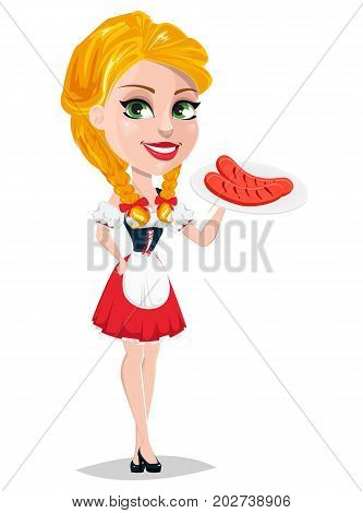 Oktoberfest vector illustration with sexy redhead girl holding grilled sausage on plate. Cartoon character standing half turned. Red uniform. Can be used for poster invitation banner.