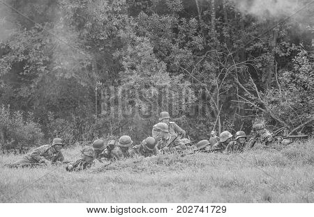 Battle with armed forces black and white.The VIII International Festival of Military History and remake for the battle 