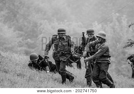 Battle with armed forces black and white.The VIII International Festival of Military History and remake for the battle 
