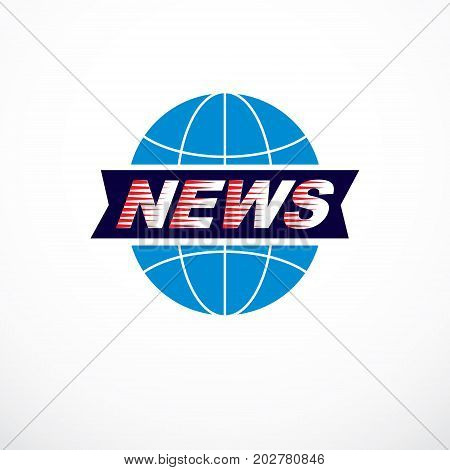 World and global news concept vector emblem of blue Earth divided with meridians and composed with news inscription.