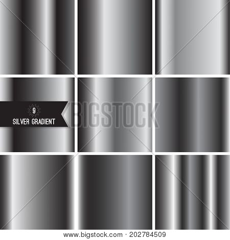 Set of silver foil texture background. Collection grey, chrome  vector elegant gradient. Aluminum industrial pattern design.