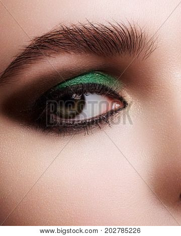 Beautiful macro shot of female eye with extreme long eyelashes and smoky makeup. Perfect eyebrows and long lashes. Cosmetics and make-up. Closeup macro shot of fashion eyes visage