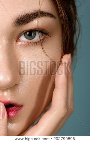 Macro shot sensual women with moist skin and natural cosmetics. Sexual photo of fashion and natural beauty. Cosmetology make-up Spa