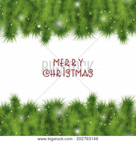 Christmas tree branches border. Sparkling lights falling shiny snowflakes. Evergreen fir twigs background for Christmas and New Year design. Card template