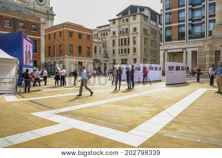 Paternoster Square London UK - August 8 2017: View of square with the photocity photographic exhibition going on.