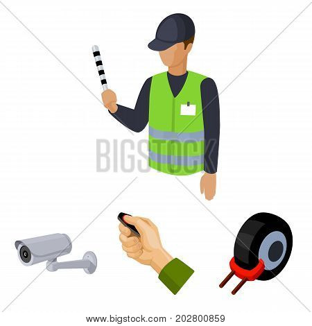 Car alarm, wheel rim, security camera, parking assistant. Parking zone set collection icons in cartoon style vector symbol stock illustration .