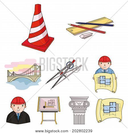A set of icons on the theme of construction and architects. Builders, architects, and subjects for construction . Architect icon in set collection on cartoon style vector symbol stock web illustration.