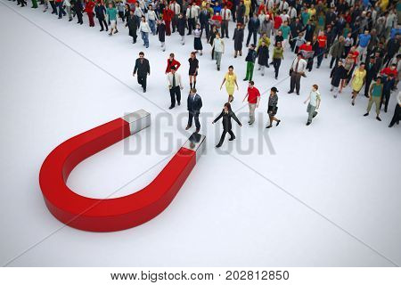 Magnet attracts people from a pile. 3D rendering