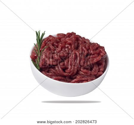 Minced meat in a bowl, isolated on a white background. beef
