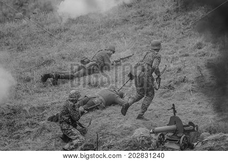 Military battle in action.The VIII International Festival of Military History and remake for the battle `1944` 6.08.2016 in Valga, Estonia