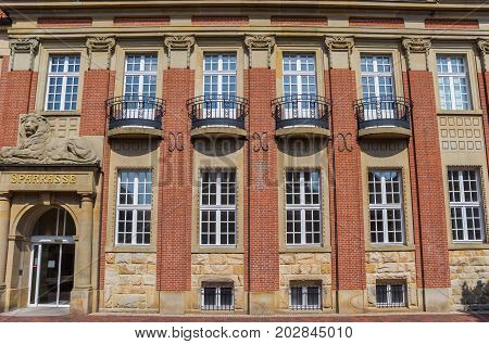 NORDEN, GERMANY - JULY 18, 2017: Facade of a bank in an old building in Norden, Germany