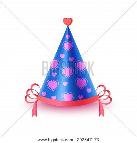 Bright blue festive cap with pink hearts and ribbon isolated on white background. Funny party accessory vector illustration. Holiday headgear for festive mood and having fun. Dress up for celebration.