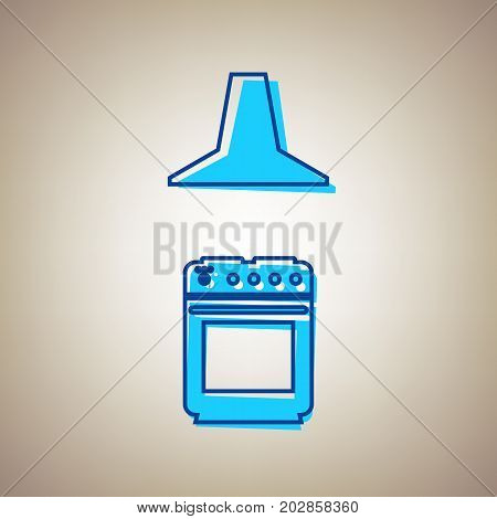 Electric or gas stove and extractor kitchen hood sign. Vector. Sky blue icon with defected blue contour on beige background.