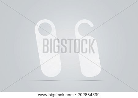 Blank white doorhanger mockups for door knob isolated 3d rendering. Empty white doorhanger mock up for entry handle. Leaflet design on entrance doorknob. Dont disturb sign keep silence signal.
