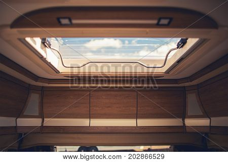 Importance of Air Ventilation Inside Motorhomes Travel Trailers and Camper Vans. Roof Vent Closeup.