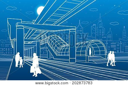 Infrastructure and transport illustration. Monorail railway. People walking under flyover. Crosswalk. Modern night city. Airplane fly. Towers and skyscrapers. White lines. Vector design art