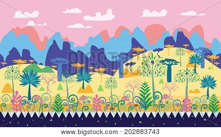 A beautiful magic forest scene illustration fantasy forest template with trees mushrooms mountain. Cartoon natural landscape for game illustration