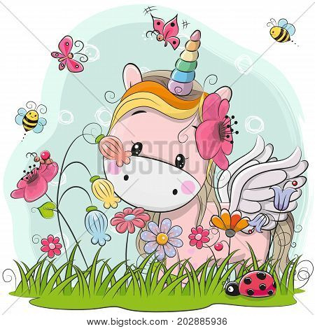 Cute Cartoon Kitt Unicorn on a meadow with flowers and butterflies