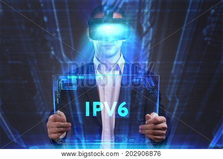 Business, Technology, Internet And Network Concept. Young Businessman Working In Virtual Reality Gla