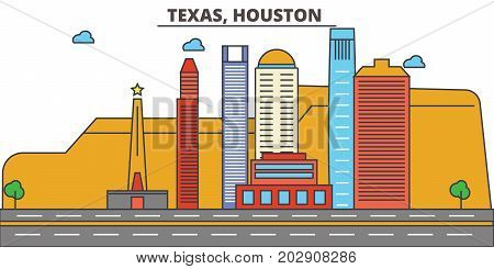 Texas, Houston.City skyline: architecture, buildings, streets, silhouette, landscape, panorama, landmarks. Editable strokes. Flat design line vector illustration concept. Isolated icons