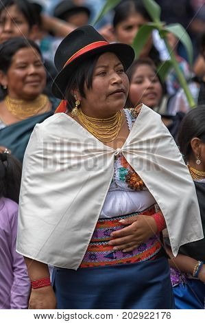 July 1, 2017 Cotacachi, Ecuador: on Punchi Warmi day the Kichwa indigenous women will dress up in traditional wear and dance in the main square of the town