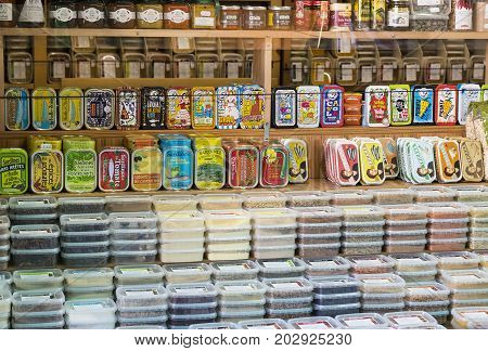 23 AUGUST 2017, VIENNA, AUSTRIA:The oldest in Vienna is the Naschmarkt Market with products of alcoholic fruits and vegetables.