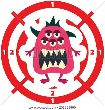 Target with monster flat style pink color on white background for children game, medical poster, hellowen party. Vector Illustration