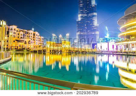 DUBAI, UNITED ARAB EMIRATES - 05 September, 2017: Burj Khalifa tower. This skyscraper is the tallest man-made structure in the world, measuring 828 m. Completed in 2009. September 05, 2017 Dubai, UAE