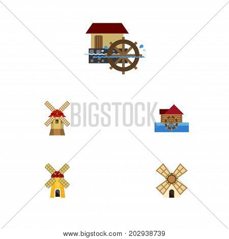 Flat Icon Mill Set Of Ecology, Watermill, Wheel And Other Vector Objects