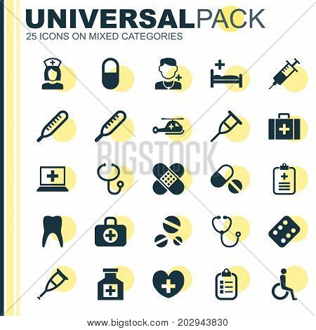 Drug Icons Set. Collection Of Pellet , Analyzes, Handicapped Elements