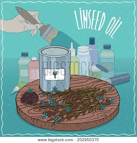Steel Paint Can of Linseed oil and flowers and seeds of Flax plant. Hand holding paint brush. Natural vegetable oil used for paint manufacture