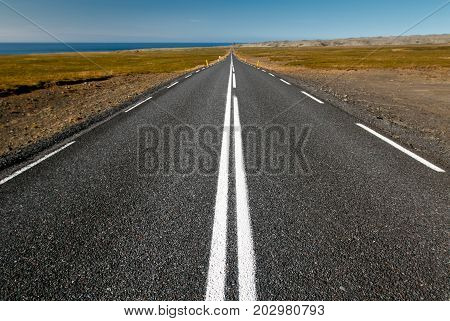 Paved road in Iceland reaching the horizon.