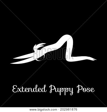Extended Puppy Pose. Uttana Shishosana. Yoga Position. Vector Silhouette Illustration. Vector graphic design or logo element for spa center, studio, class, center, poster. Yoga retreat. White