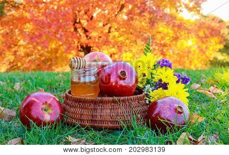 Rosh Hashanah Concept - Apple Honey And Pomegranate Over Wooden Table