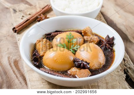 Asian food,hard-boiled egg in brown sauce or sweet gravy,Golden brown egg,Five spices egg,A kind of Chinese dish, In Thai call Khai Palo
