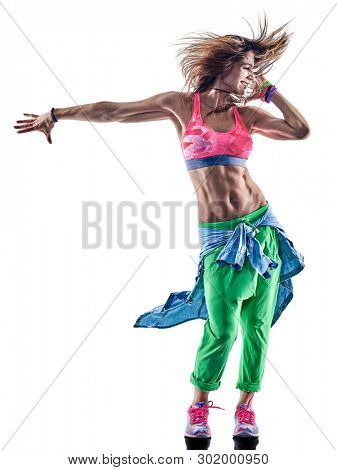 one caucasian woman cardio dancers dancing fitness exercising excercises in studio isolated on white background