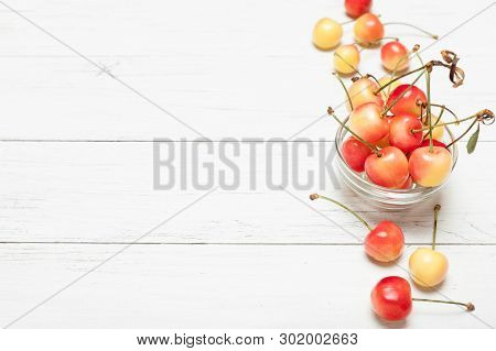 Rainier Berry Background, Yellow Cherry. Delicious Diet Eating. Copy Space For Text.