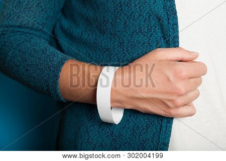 Concert Wristband Mockup, White Hospital Bracelet Design. Arm Adhesive, Carpus Paper Accessory.