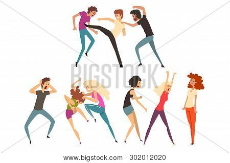 Angry People Fighting And Quarreling. Loud Public Scandal. Uncontrollable And Aggressive People. Vio