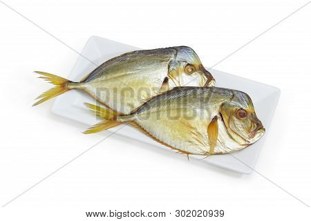Two Smoked Vomer Setapinnis, Also Known As Atlantic Moonfish On The Small White Rectangular Dish On 