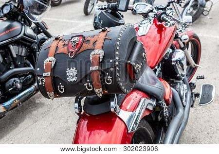 Samara, Russia - May 18, 2019: Leather Motorcycle Bag For Carrying Luggage. Motorcycle With Leather 