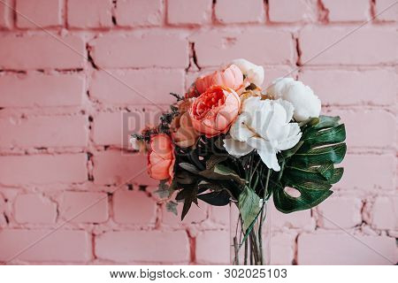 Peonies On The Pink, Coral Bricky Background.