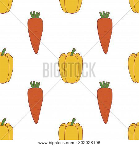 Carrot And Pepper Seamless Pattern For Wallpaper Design. Fresh Ripe Color Food. Organic Healthy Vege