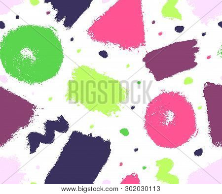 Seamles Geometric Pattern. Colorful Ink Spots, Stripes. Triangle, Circle, Square. Vector Hand Drawn 
